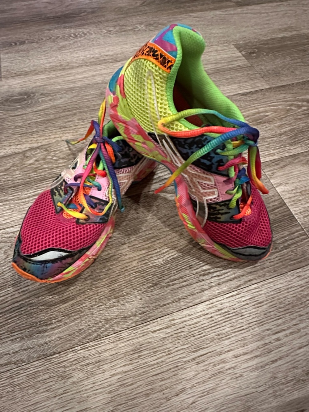 Ascis Bright Multi-Color Running Shoes - Pink, Neon Yellow, Rainbow Accents